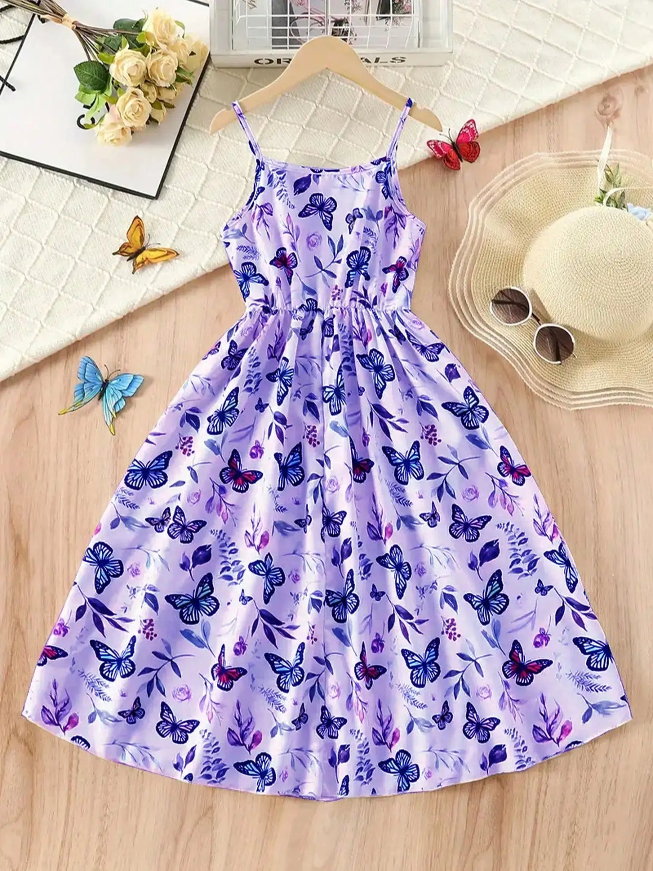 2026 casual and elegant girls' elegant butterfly print sleeveless dress - V-neck, long, perfect choice for summer