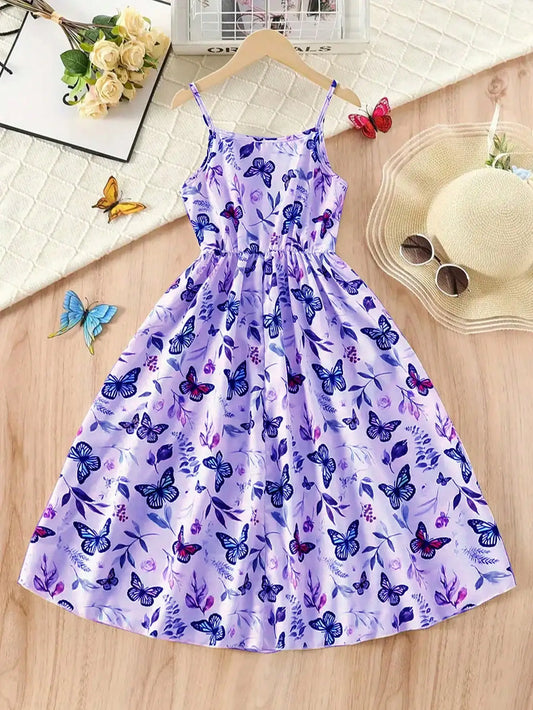 2026 casual and elegant girls' elegant butterfly print sleeveless dress - V-neck, long, perfect choice for summer
