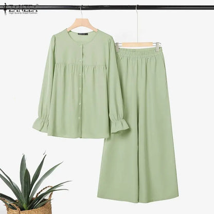 2026 ZANZEA Fashion Women Muslim 2 Piece Sets Casual O Neck Long Sleeve Tops Trousers Suit Ramadan Outfits Solid Color Tracksuit