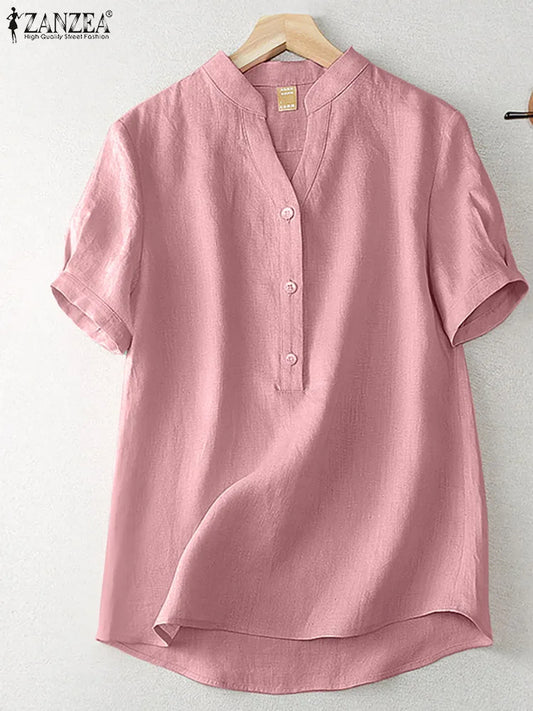 ZANZEA Summer Elegant Loose Chemise Cotton Blouse Vintage OL Work Tunic Tops Women Casual Solid Shirt V Neck Short Sleeve Blusas