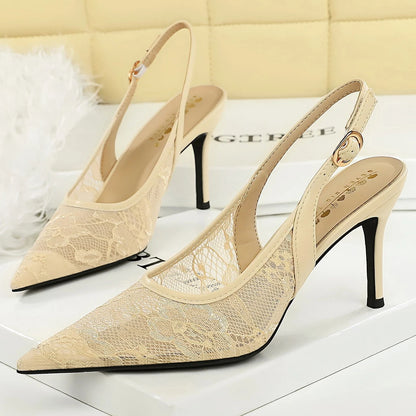 Sexy High Heels Women Shoes Hollow Lace Mesh High-Heeled Sandals Women Pumps Buckle Pointed Female Heels Summer Stiletto 8 cm