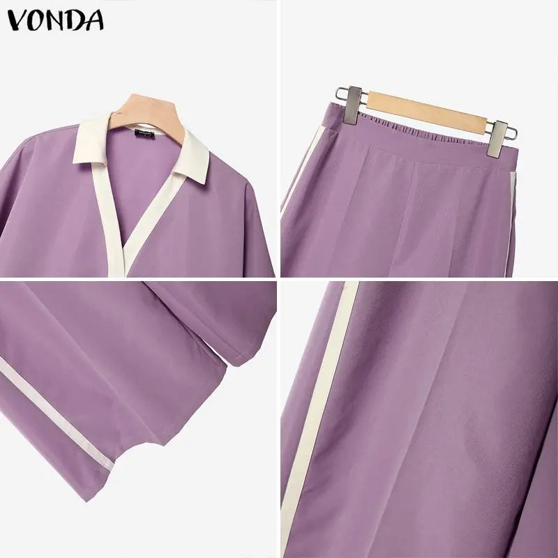 VONDA Summer Autumn Women Pants Sets Fashion Patchwork Plus Size Sets Female 3/4 Sleeve Tops Wide Leg Pant  L-5XL Streetwear