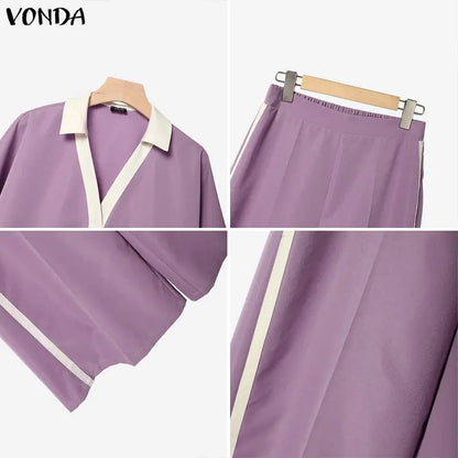 VONDA Summer Autumn Women Pants Sets Fashion Patchwork Plus Size Sets Female 3/4 Sleeve Tops Wide Leg Pant  L-5XL Streetwear