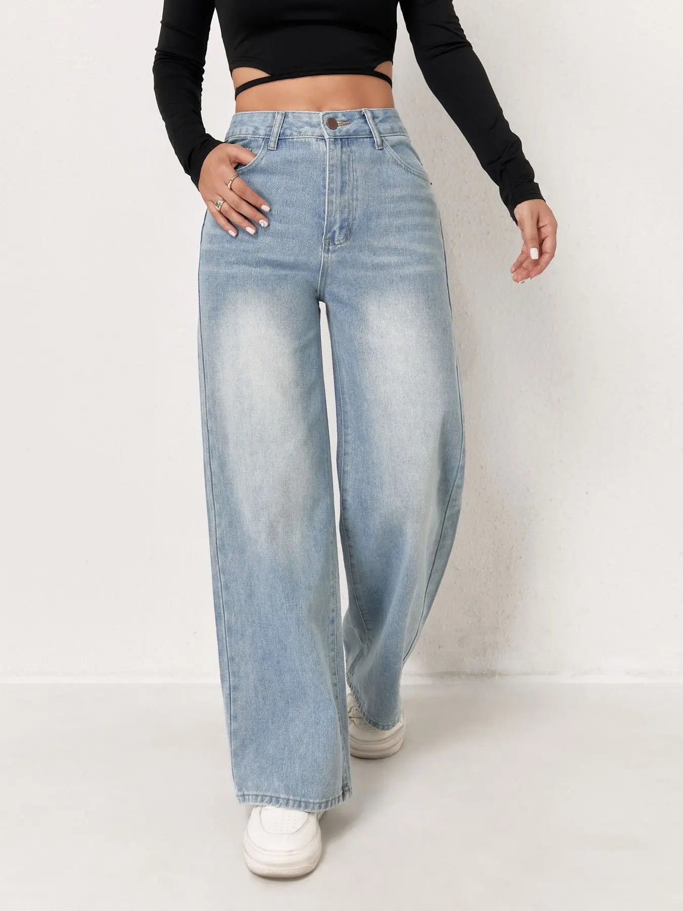 Jeans For Woman Y2k Clothes Light Blue Wide Leg Denim Pants Loose Fashion Simple Stretch Free Four Seasons Popular Casual