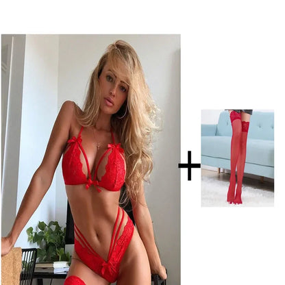 Women's Lingerie Set Sexy Lace Underwear See Through Bikini Erotic Bra for Ladies Low-waisted Thong Solid Color Erotic Lingerie