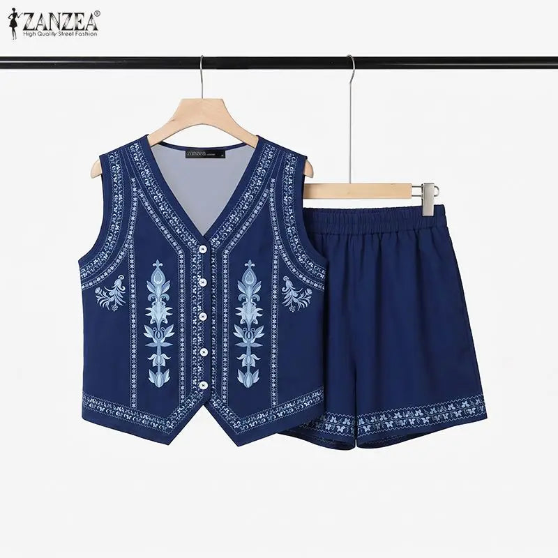 ZANZEA Women Ethnic Floral Printing Short Sets V-Neck Sleeveless Top & Elastic Waist Shorts Matching Sets Summer 2 Piece Co-ords