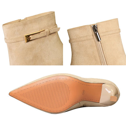 Fashion Sexy High-Heeled Boots Women Shoes Belt Buckle Side Zipper Ladies Ankle Boots Pointed Suede Women Boots Stilettos 9 cm