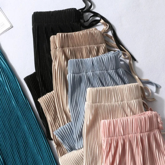 2026 Spring and Summer Loose Chiffon Ice Silk Women's Pants, Pleated Slim Wide-Leg Trousers