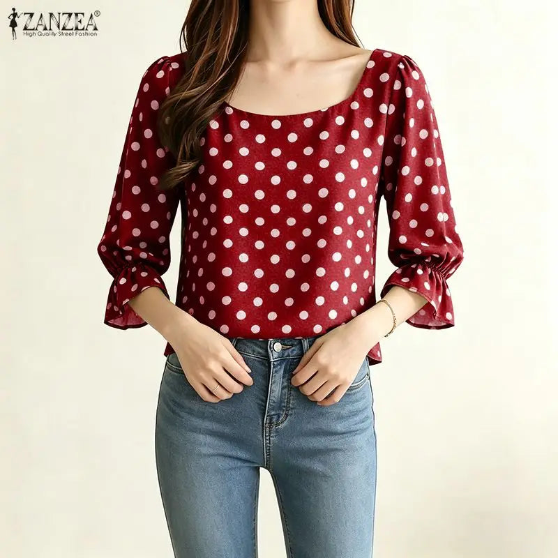 ZANZEA Women's Polka Dot Blouses Elegant Square Neck 3/4 Puff Sleeve Elastic Cuffs Pullover Tops Daily Casual Blusas de Mujer