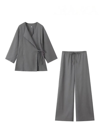 HH 2025 Spring Women Fashion Linen Suits New Solid Cardigan Kimono Top + Versatile Outerwear Female Wide Leg Long Pant