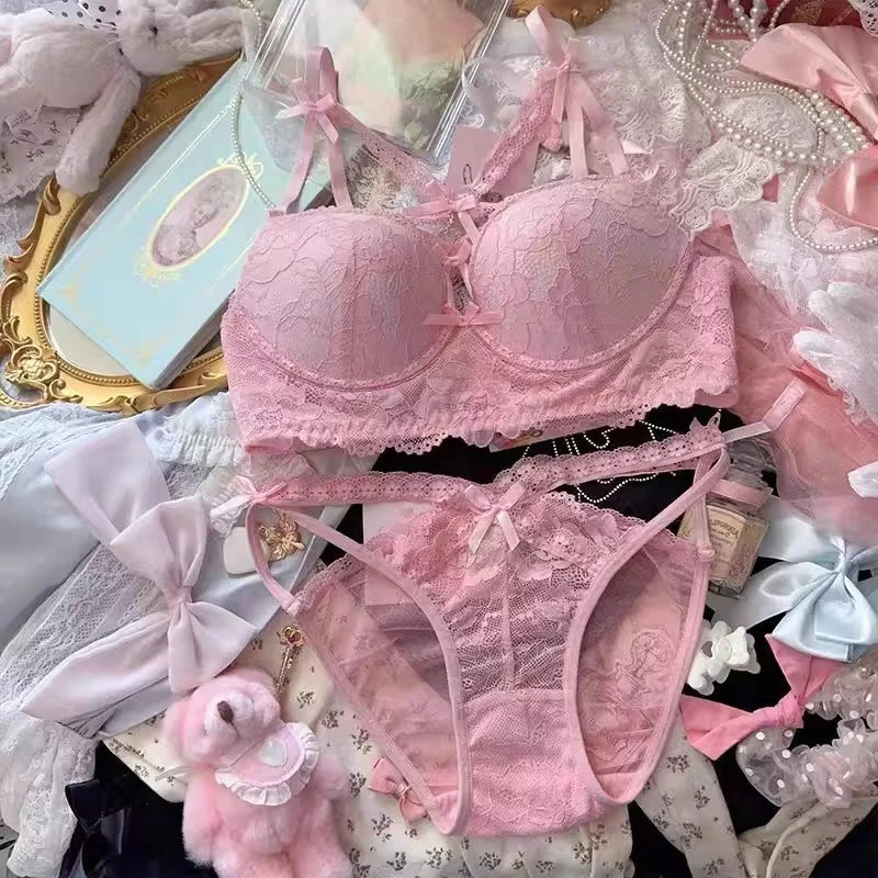 MOYISU Kawaii Heart Bra Set, Purple Lace Lingerie Sexy Pure Design, Push Up Bralette Sml Boobs Fashion Outerwear Statement Piece