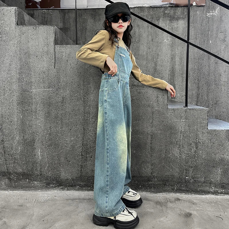 High Quality Children Bib Jeans Jumpsuit for Teenage Girl Causal Denim Suspender Overalls Kids Fashion Stylish Dungarees 5-14Y