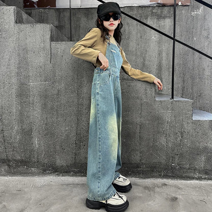 High Quality Children Bib Jeans Jumpsuit for Teenage Girl Causal Denim Suspender Overalls Kids Fashion Stylish Dungarees 5-14Y