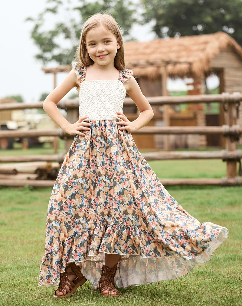 BIBIHOU Bohemian Style Dress for Girls Elegant Vintage Butterfly Costume Long dress Girls Clothes From 4 to 12 years old