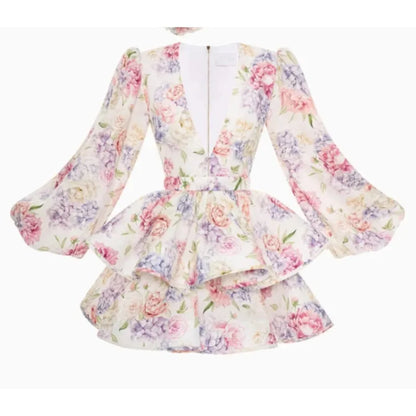 2025 Autumn New Stylish And Elegant Flower Print Women's Mini Dress Chic V-neck Puff Long Sleeve Double Layer Ruffle Mini Dress