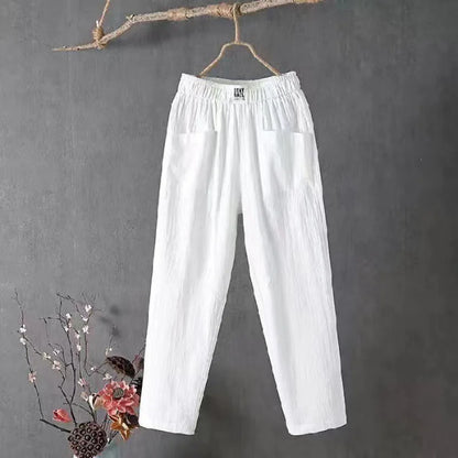 Women's Soft Cotton Linen Pants with Pockets Casual Solid Color Straight 4 Points Pants Fashion Loose Versatile Harem Pants