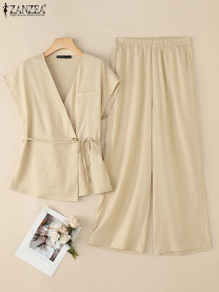 Fashion Women Two Pieces Sets ZANZEA Summer 2PCS Office Outfits V Neck Sleeveless Blouse Pant Sets Solid Tracksuit Trousers Suit