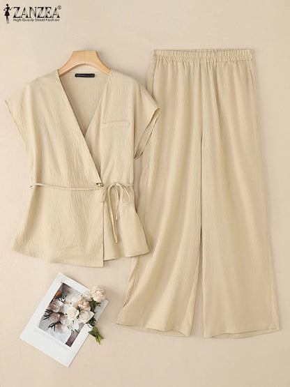 Fashion Women Two Pieces Sets ZANZEA Summer 2PCS Office Outfits V Neck Sleeveless Blouse Pant Sets Solid Tracksuit Trousers Suit