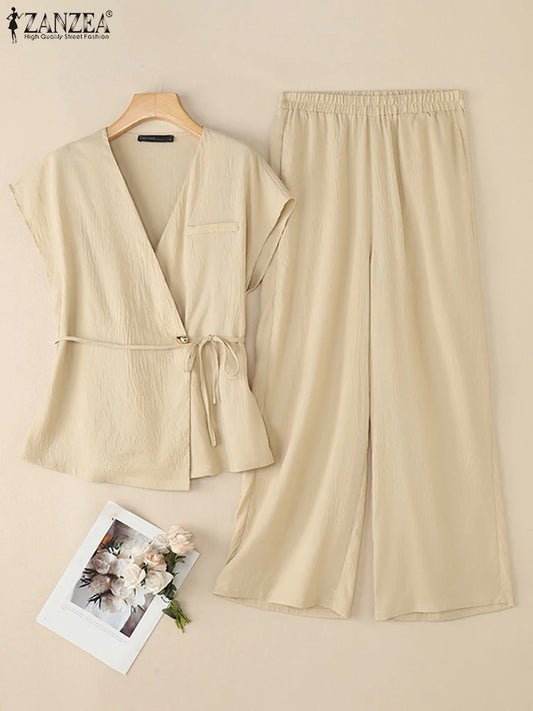 Fashion Women Two Pieces Sets ZANZEA Summer 2PCS Office Outfits V Neck Sleeveless Blouse Pant Sets Solid Tracksuit Trousers Suit