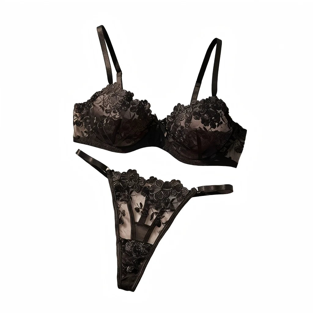 French Black Embroidered Lace Underwear Set Elegant Feminine Design Bra And Panties Combo for Women