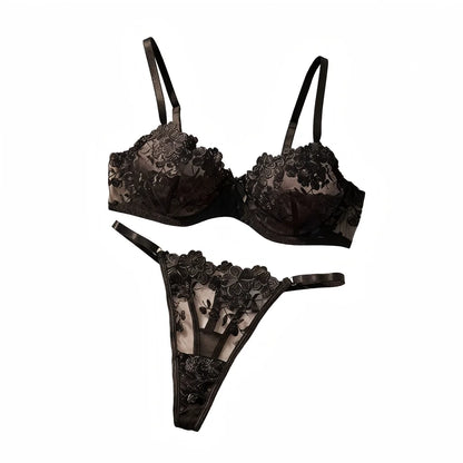 French Black Embroidered Lace Underwear Set Elegant Feminine Design Bra And Panties Combo for Women