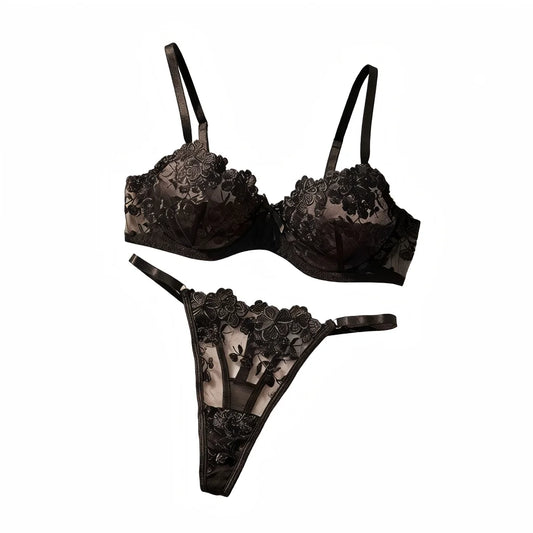 French Black Embroidered Lace Underwear Set Elegant Feminine Design Bra And Panties Combo for Women