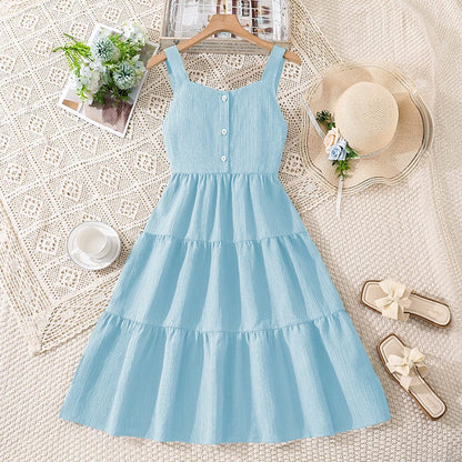 Girls 8-12 Green Summer Dress, Sleeveless Tiered Design with Back Bow & Elastic Waist, Casual Kids Wear