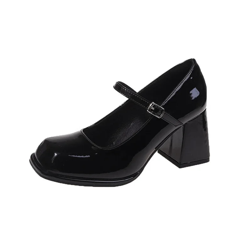 Ladies Summer Black New Small Leather Shoes Mary Janes Vintage Buckle Non-Slip Sandals Woman Medium Heels Casual Elegant Heels