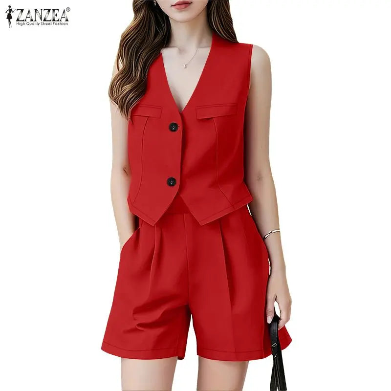 ZANZEA Woman Short Suits Summer Sleeveless Vests Tops & Elastic Waist Shorts 2 Pieces Sets Casual Commuting Solid Color Outfits