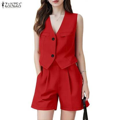 ZANZEA Woman Short Suits Summer Sleeveless Vests Tops & Elastic Waist Shorts 2 Pieces Sets Casual Commuting Solid Color Outfits