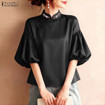 ZANZEA Woman Elegant Satin Blouses Chinese Style Embroidered Detail Mandarin Collar Lantern Sleeves Blusas de Mujer Vintage Tops