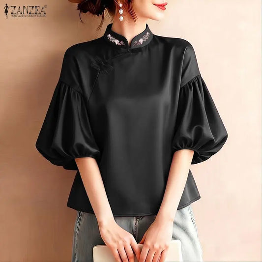 ZANZEA Woman Elegant Satin Blouses Chinese Style Embroidered Detail Mandarin Collar Lantern Sleeves Blusas de Mujer Vintage Tops