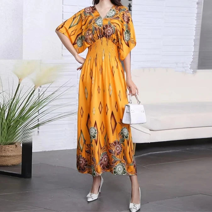 Women Bohemian Ethnic Printed Holiday Dress V-Neck Elastic Waist Casual Batswing Sleeve Mid Dress Elegant Vintage Retro Dress