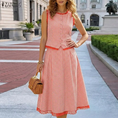 ZANZEA Summer Sleeveless Plaid Patchwork Vests Tops Dress Sets Elegant Women 2 Pieces Sets Stylish OL Work Skirt Suit OL Outfits