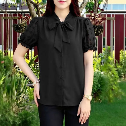 ZANZEA 2026 Summer Fil Coupe Shirts Women Elegant Tie-Neck Short Puff Sleeve Solid Color Button Up Tops Commute Work Camisas