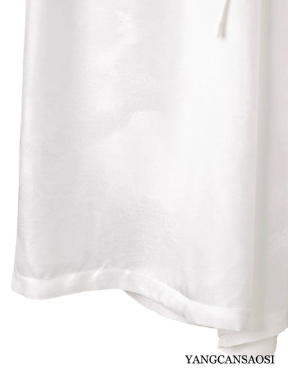 Plus Size Simple White Versatile 100% Natural Mulberry Silk SangBo Satin Drawstring Elastic Waist Women's Casual Wide Leg Pants