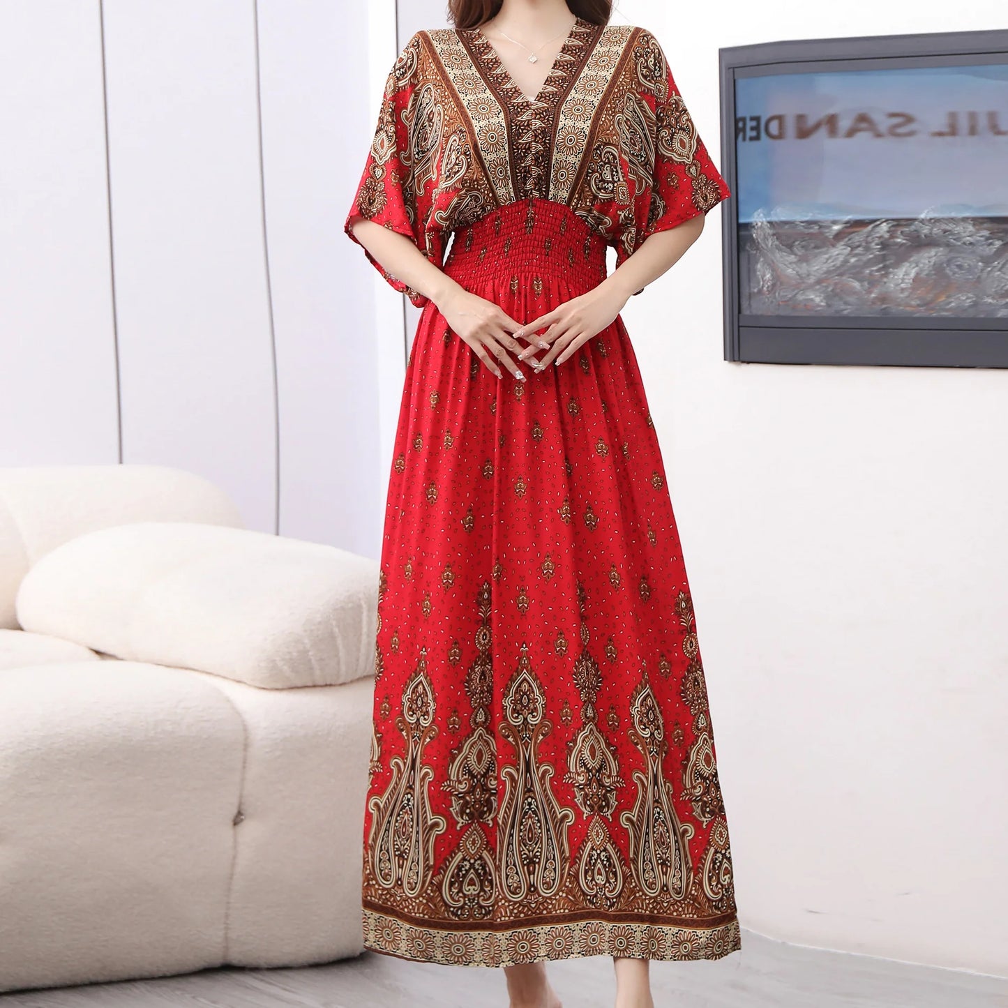 Women Bohemian Ethnic Printed Holiday Dress V-Neck Elastic Waist Casual Batswing Sleeve Mid Dress Elegant Vintage Retro Dress