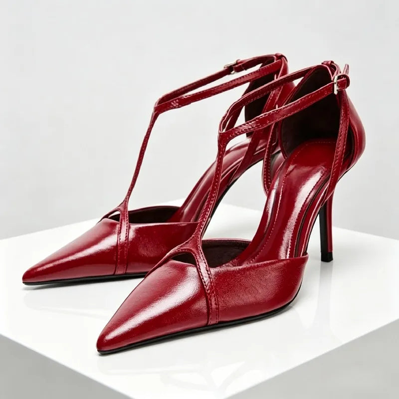 Designer Patent Leather Thin High Heels Women Sexy Pointed-Toe Ankle Strap Buckle Heeled Sandals Elegant Party Heels for Ladies