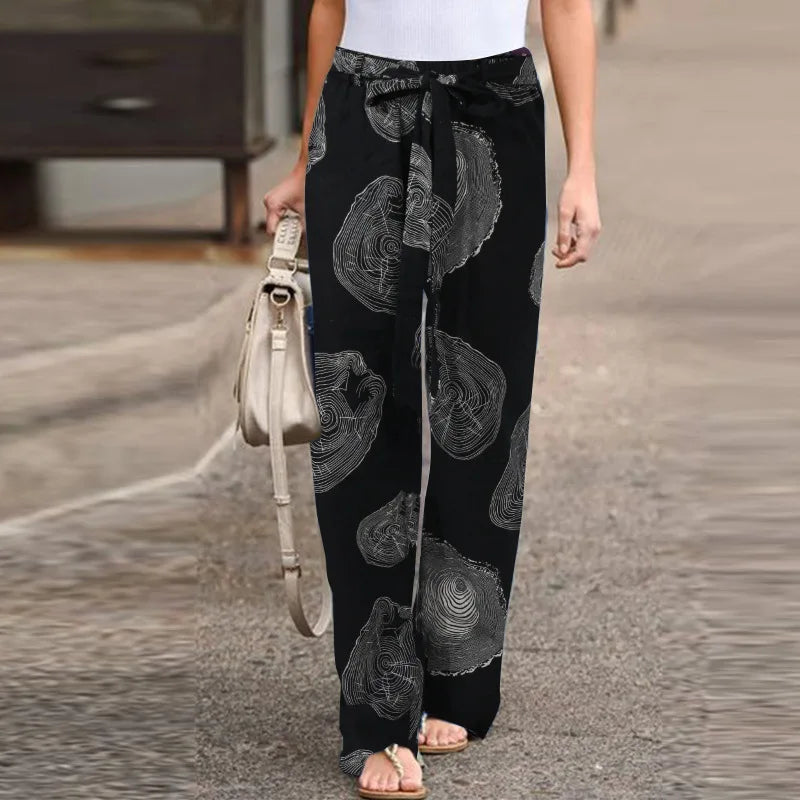 Casual Flower Print Cotton Linen Straight Leg Pants Women Fashion Lace Up Elastic Waist Home Trousers Female Plus Size Pants