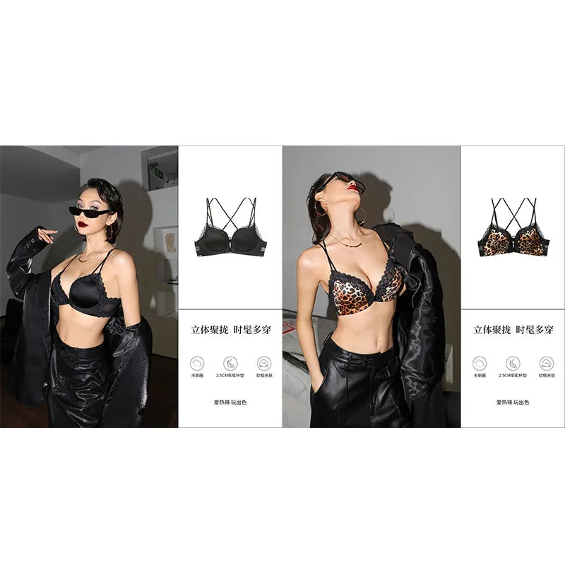 Victoria Style MOYISU Pink Leopard Wireless Bra Set, Front Hook Design, Push Up Bralette, Sexy Back Lingerie To Boost Small Bust