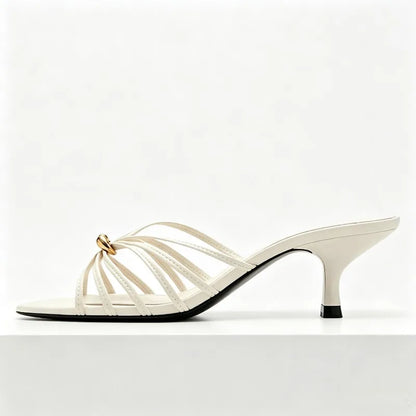 White Narrow Band Design Mid Heel Women's Slippers Sexy Open Toe Slide Sandals for Ladies Metal Embellished Thin Heeled Sandals