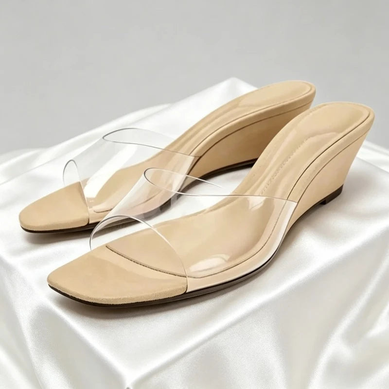 Fashion Wedge Heel Women Slippers Sexy Open Toe Transparent Pvc Strap Design Heeled Sandals for Ladies Summer Elegant Women Shoe