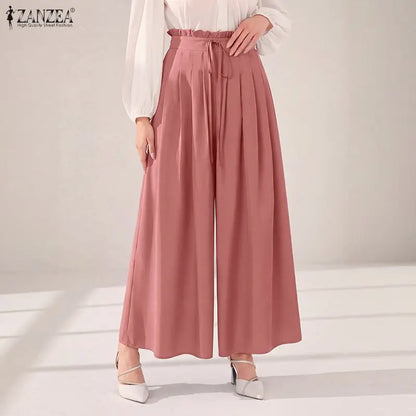 Fashion Summer Autumn Women Pants ZANZEA Wide Leg Pant Solid Pleated Long Trousers Elastic Waist Streetwear Oversize S-3XL