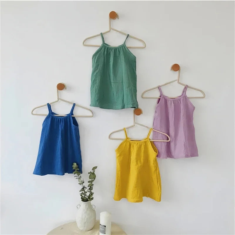 0-12M Baby Girls Summer Cotton Muslin Suspender Dress Solid Color Sleeveless Loose Casual Princess Dress For Newborn Girls