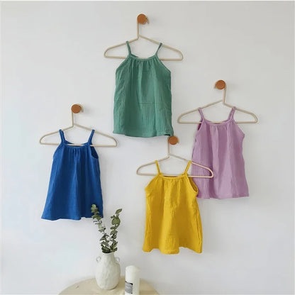 0-12M Baby Girls Summer Cotton Muslin Suspender Dress Solid Color Sleeveless Loose Casual Princess Dress For Newborn Girls
