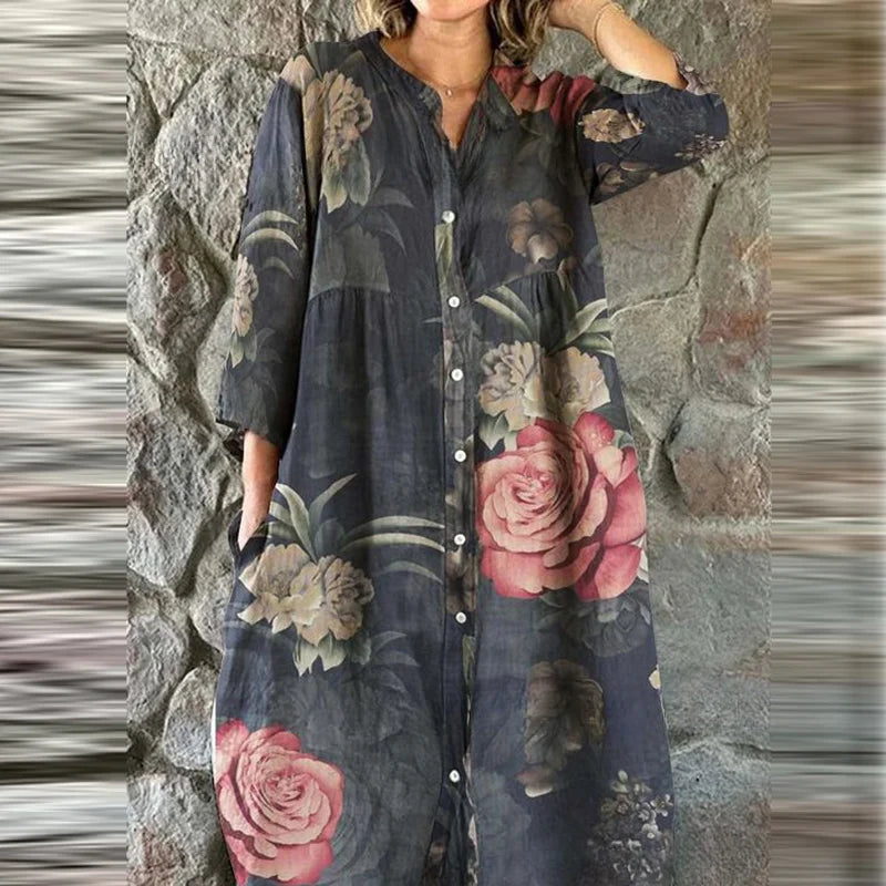 Bohemian Loose Single Breasted Dress Women's Casual O-neck Pocket Commuting Dress Spring Summer Floral Print Long Sleeved Dress