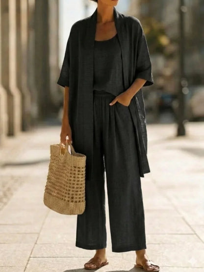 Casual Solid Cotton Linen Loose Vest Shirt Trouser 3pc Set Women Short Sleeve Cardigan Wide Leg Pants Suits Summer Lady Outfits
