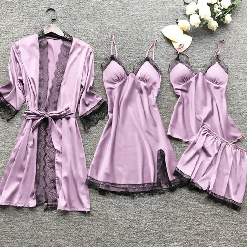 4 Pieces/Set Women's Sexy Lace Pajamas Fashion V-Neck Gown Comfort Pajamas Pajamas Pajamas with Chest Pads Nightdress