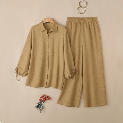 ZANZEA Women Twill Pant Sets Loose Lantern Sleeve Shirt & Elastic Waist Pant 2 Piece Sets 2026 Autumn Casual Daily Wear Co-ords
