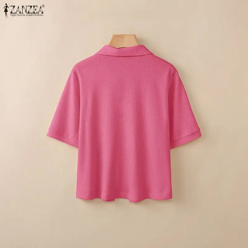 ZANZEA Women's Korean Elegant Waffle Shirt Turn-Down Collar Lace-Up Front Short Sleeve Tops Summer Casual Loose Chemises Femme